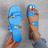 Square-Toed Color-Block Flat Sandals