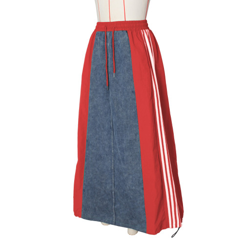 Ihoov Casual Striped A-Line Loose-Fit Color-Blocked Denim Skirt