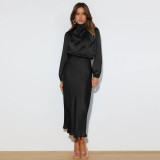 Ihoov Long Sleeve Satin Halter Neck Dress