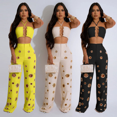ihoov Women Sexy Top and Ripped Pants 2-piece Set