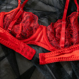 Ihoov Seductive Red Lace Embroidered Underwire Bra Set