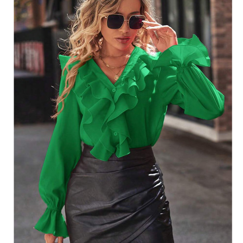 Ihoov Elegant V-Neck Ruffled Blouse