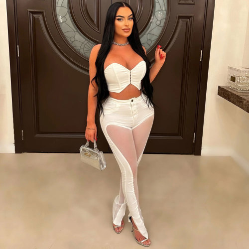 IHOOV Sheer Mesh Crop Top & High-Waisted Pants Set