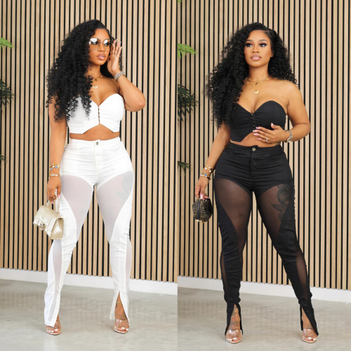 IHOOV Sheer Mesh Crop Top & High-Waisted Pants Set