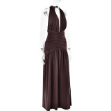 Women's Hanging Neck V-Neck Sexy Split Pleated Backless Maxi Long dress