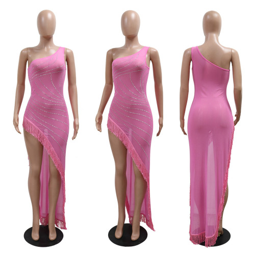 Sexy Solid Color Beaded Slash Shoulder Tassel Irregular Dress For Women
