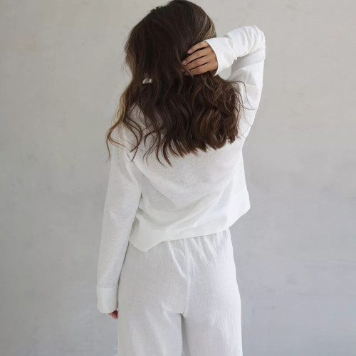 Ihoov Knit White Long Sleeve Pajama Set for Women