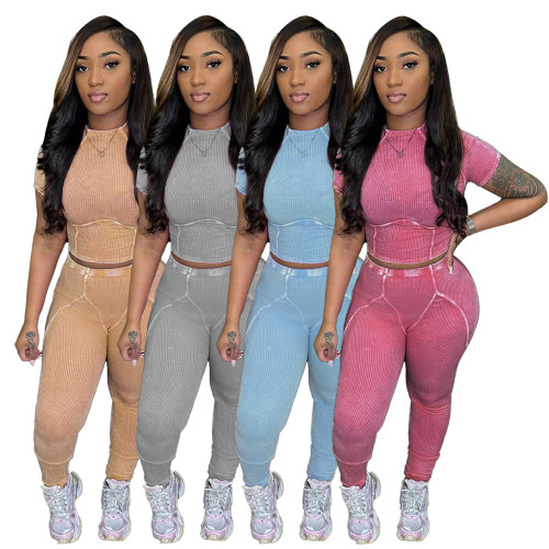 Ihoov Vintage Wash Textured Short Sleeve and Long Pants Set