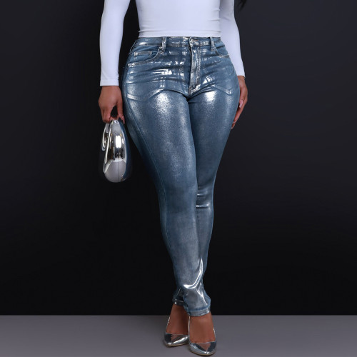 Ihoov women Shimmering Silver Stretch Skinny Jeans