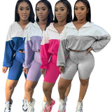 Ihoov Color-Block Waist-Cinching Long Sleeve Shorts Sports Set