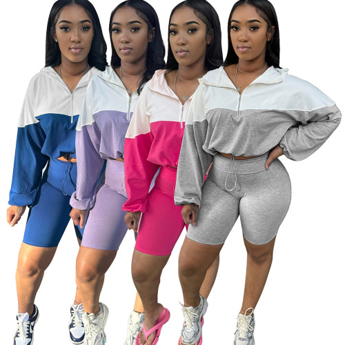 Ihoov Color-Block Waist-Cinching Long Sleeve Shorts Sports Set