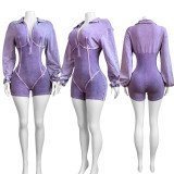 Ihoov Deep V Neck Long Sleeve Bodysuit with Flap Collar