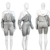Ihoov Color-Block Waist-Cinching Long Sleeve Shorts Sports Set