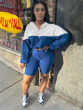 Ihoov Color-Block Waist-Cinching Long Sleeve Shorts Sports Set