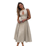 Ihoov Women's linen dress Hollow Front Cinched Waist A-Line Side Ruched Dress
