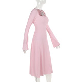 Ihoov Elegant Long Sleeve Square Neck Tie A-Line Maxi Dress