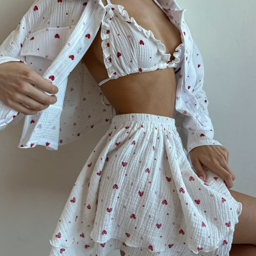 Cotton Heart Print Pajama 3-Piece Set