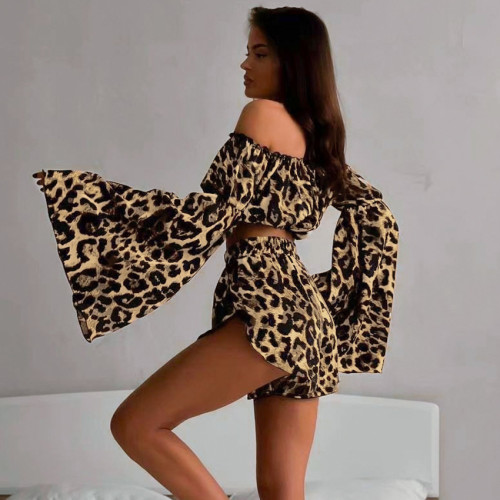 IHOOV Leopard Print Off-Shoulder Long Sleeve Pajama Set for Women