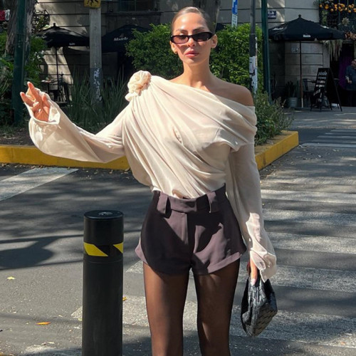 IHOOV puff sleeve Asymmetrical Chiffon Top T-Shirt for Women