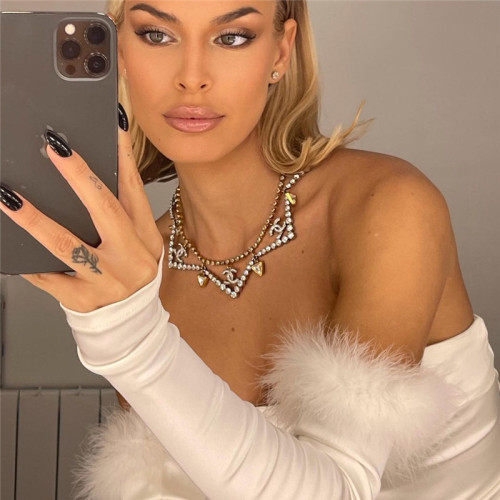 ihoov Sexy One-Shoulder Strapless Fuzzy Bodycon Dress with Sleeves Set