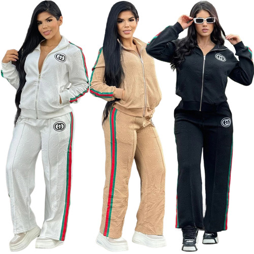 Fashion Casual Embossed Long Sleeve Zip Sports Set