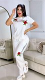 White Casual Printed Pants Set