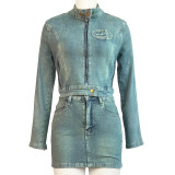 IHOOV Elastic Denim Embroidered Patchwork Dress Set