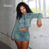 IHOOV Elastic Denim Embroidered Patchwork Dress Set