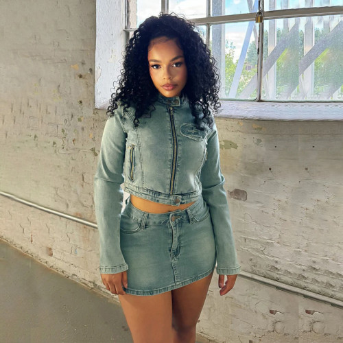 IHOOV Elastic Denim Embroidered Patchwork Dress Set