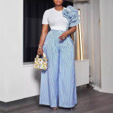 Ihoov Striped Color-Block Two-Piece Set with Round Neck Short Sleeve and Wide-Leg Pants