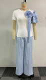 Ihoov Striped Color-Block Two-Piece Set with Round Neck Short Sleeve and Wide-Leg Pants
