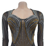 Ihoov Sparkling Rhinestone Embellished Solid Color Long Sleeve Dress