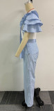 Ihoov Striped Color-Block Two-Piece Set with Round Neck Short Sleeve and Wide-Leg Pants