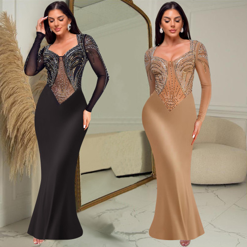 Ihoov Sparkling Rhinestone Embellished Solid Color Long Sleeve Dress