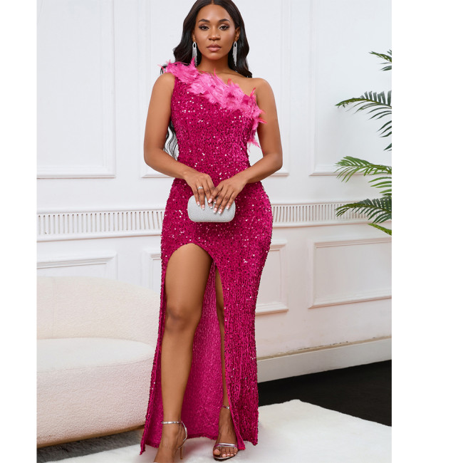 Asymmetrical High-Waisted Split Dress with Sequins