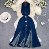 Ihoov Vintage Lace-Up Waist-Cinching Sleeveless Split Denim Dress