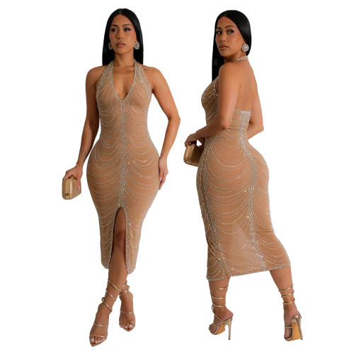 Ihoov Rhinestone-Embellished Backless Bodycon Dress with Side Slit