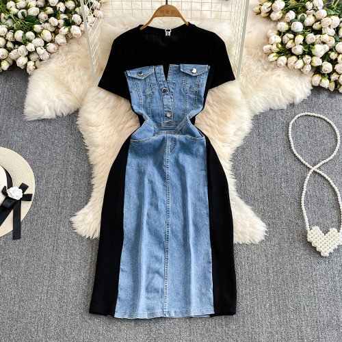 Unique Waist-Cinching Denim Patchwork Casual T-Shirt Dress