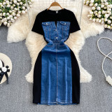 Unique Waist-Cinching Denim Patchwork Casual T-Shirt Dress
