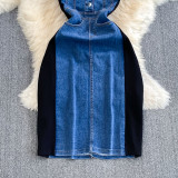 Unique Waist-Cinching Denim Patchwork Casual T-Shirt Dress