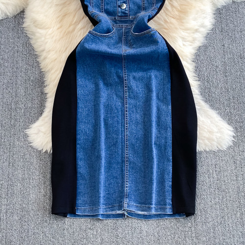 Unique Waist-Cinching Denim Patchwork Casual T-Shirt Dress