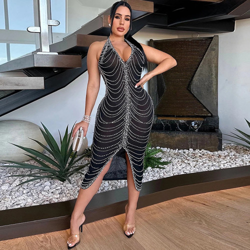 Ihoov Rhinestone-Embellished Backless Bodycon Dress with Side Slit