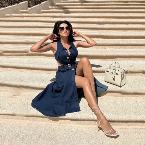 Ihoov Vintage Lace-Up Waist-Cinching Sleeveless Split Denim Dress