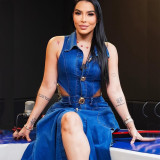 Ihoov Vintage Lace-Up Waist-Cinching Sleeveless Split Denim Dress