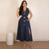 Ihoov Vintage Lace-Up Waist-Cinching Sleeveless Split Denim Dress