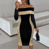 Ihoov Black Bodycon One-Shoulder Sequin Midi Dress
