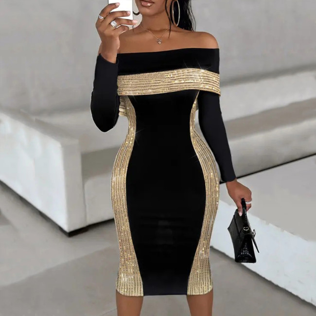 Ihoov Black Bodycon One-Shoulder Sequin Midi Dress