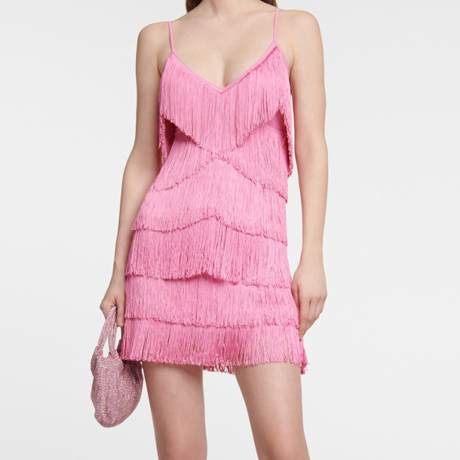 Ihoov Pink Fringe V-Neck Spaghetti Strap Dress