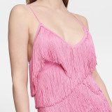 Ihoov Pink Fringe V-Neck Spaghetti Strap Dress