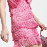 Ihoov Pink Fringe V-Neck Spaghetti Strap Dress